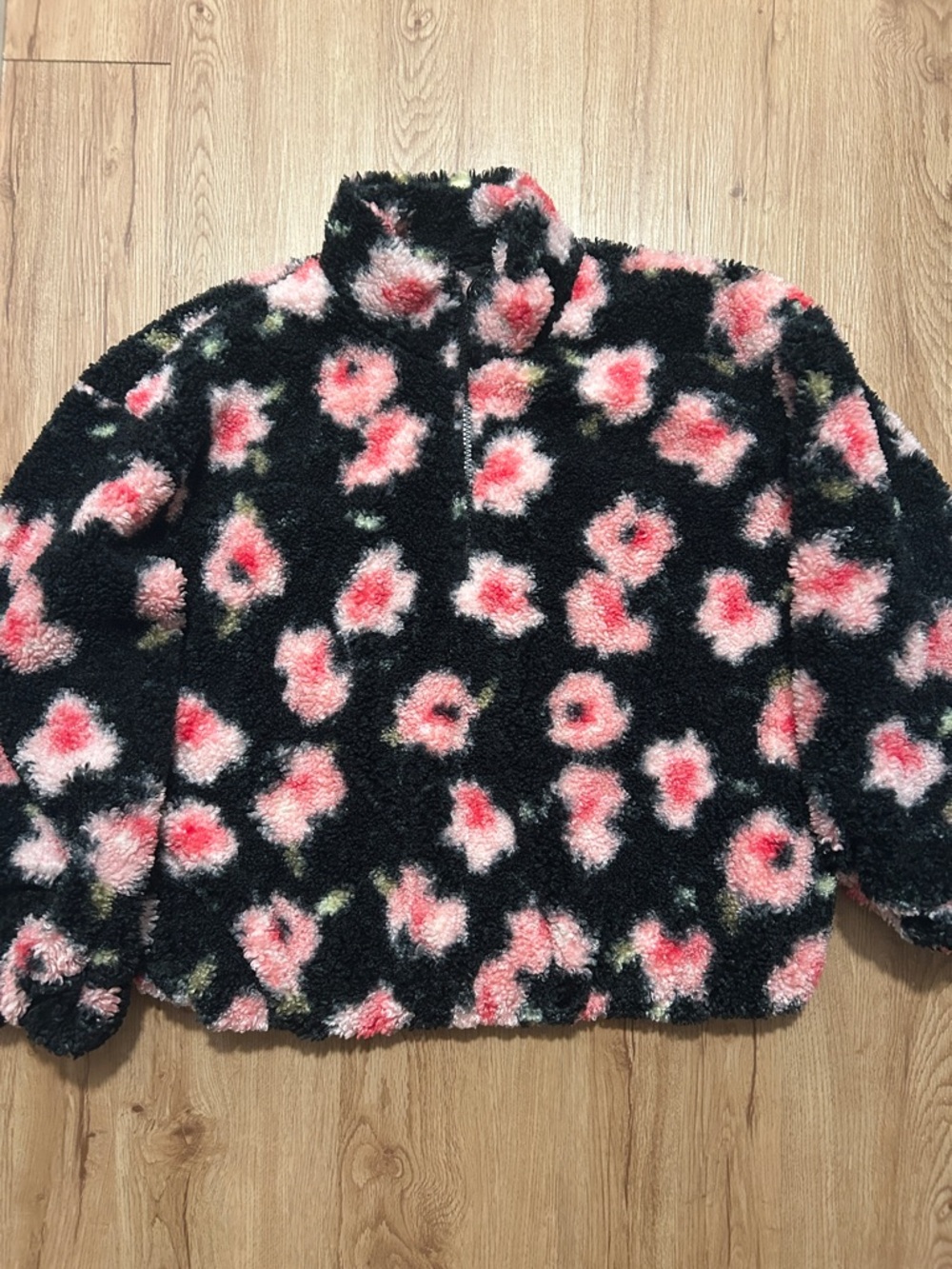 Sandy Liang XL Black Sherpa Pullover with Pink Floral Detail